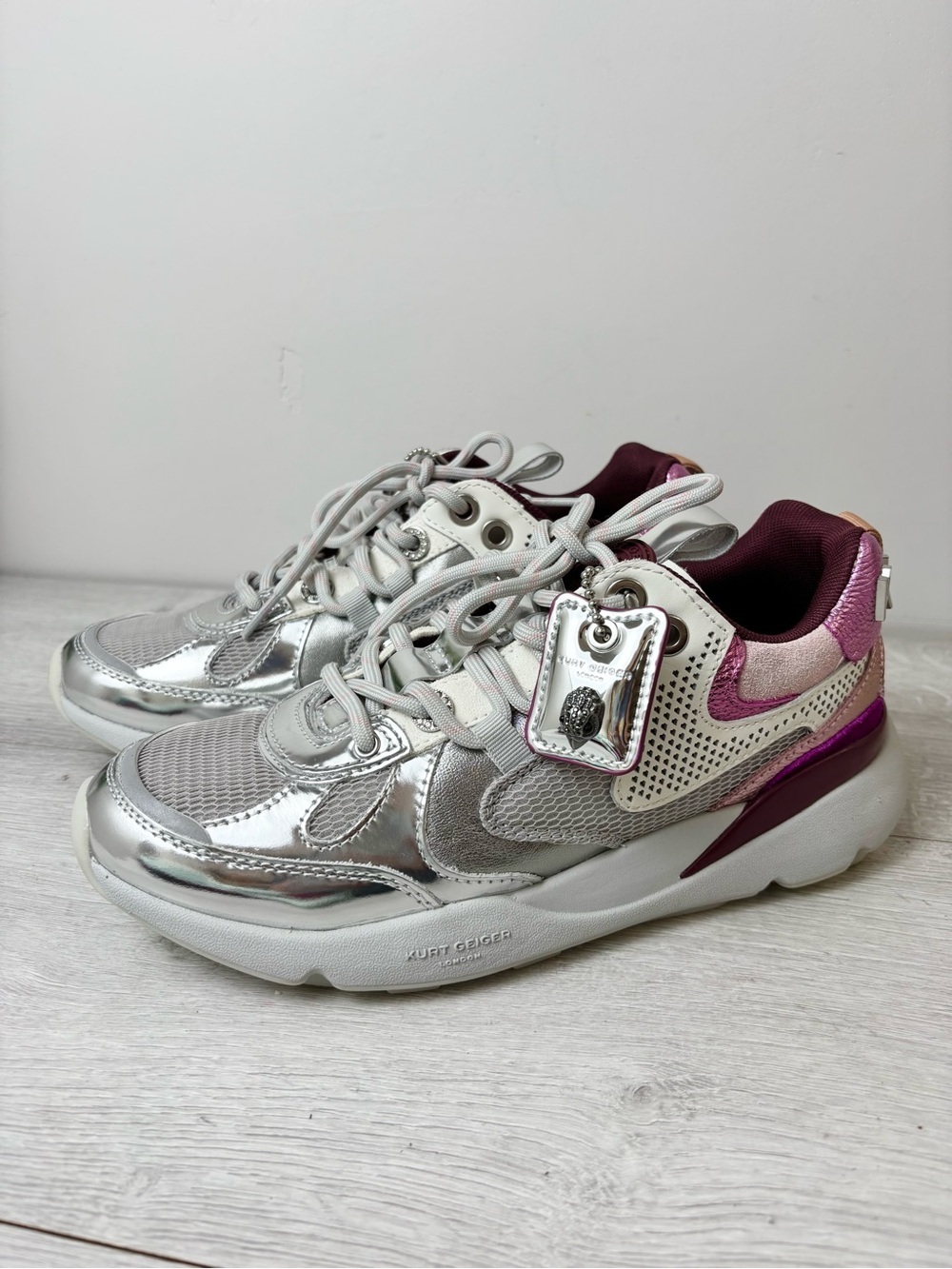 Kurt Geiger London Runner Sneakers Silver Pink Metallic Chunky Platform Shoes 39